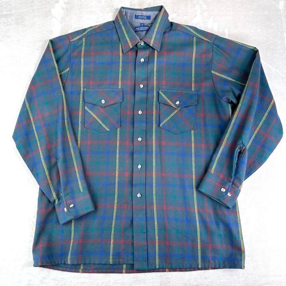 Vintage VAN HEUSEN Shirt Mens L Green Plaid‎ Winterweights Flannel L/S Button Up